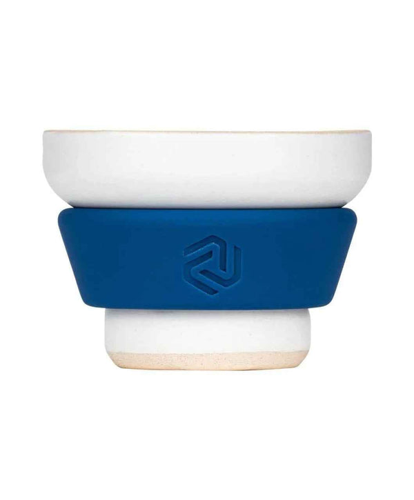 White and blue phunnel hookah bowl with geometric logo, ceramic and silicone design
