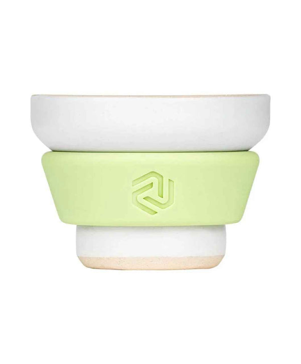 Ceramic phunnel hookah bowl with lime green silicone band, closeup on white background