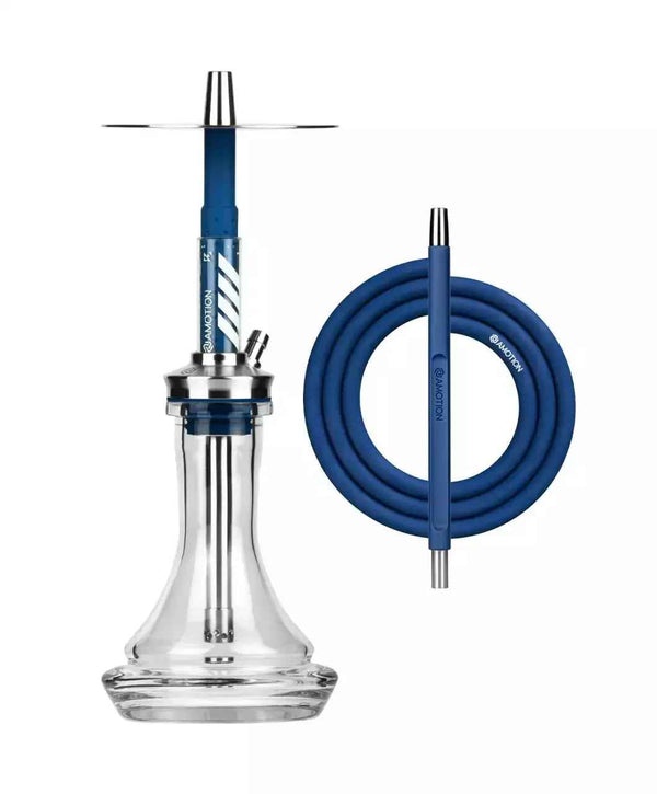 Modern cobalt blue and clear glass hookah set with matching blue silicone hose