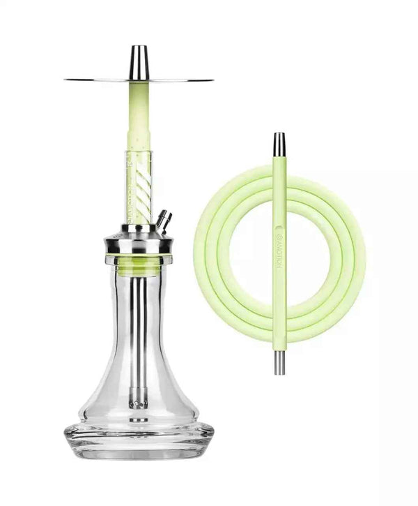 Modern lime green and clear glass hookah set with matching hose on a white background.