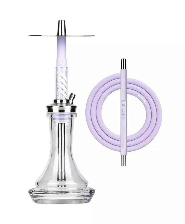 Modern glass hookah with stainless steel accents and mauve silicone hose set on white background
