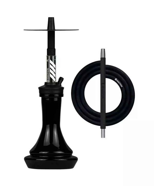Modern black hookah set with sleek glass base and coiled silicone hose on white background