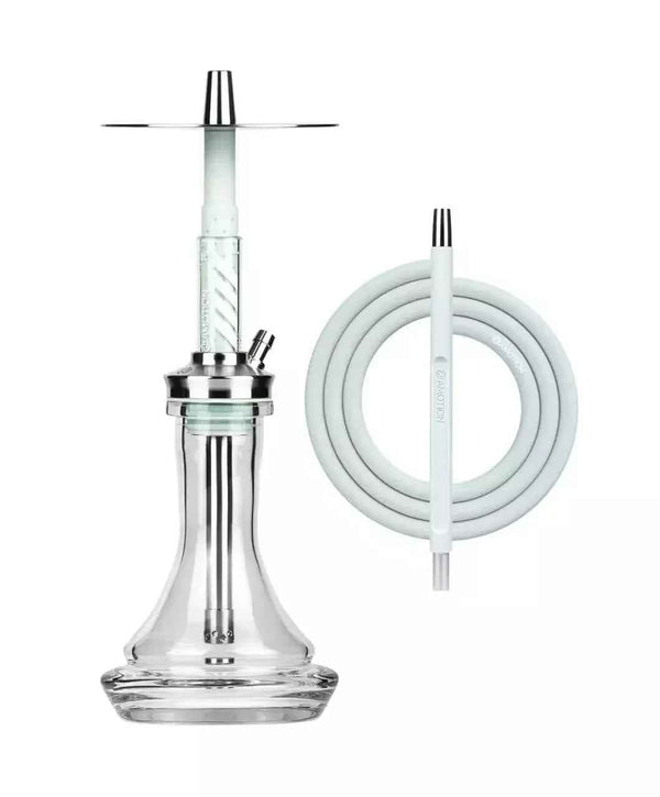 Modern clear glass hookah with stainless steel stem and white silicone hose