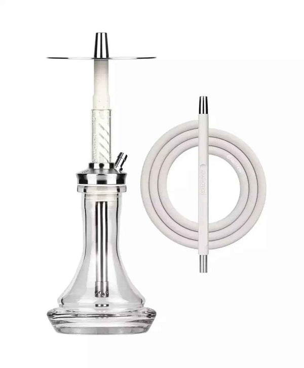 Modern glass hookah set with stainless steel stem and white silicone hose