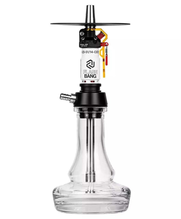 Modern glass hookah with black and metallic accents, featuring Flash Bang design details