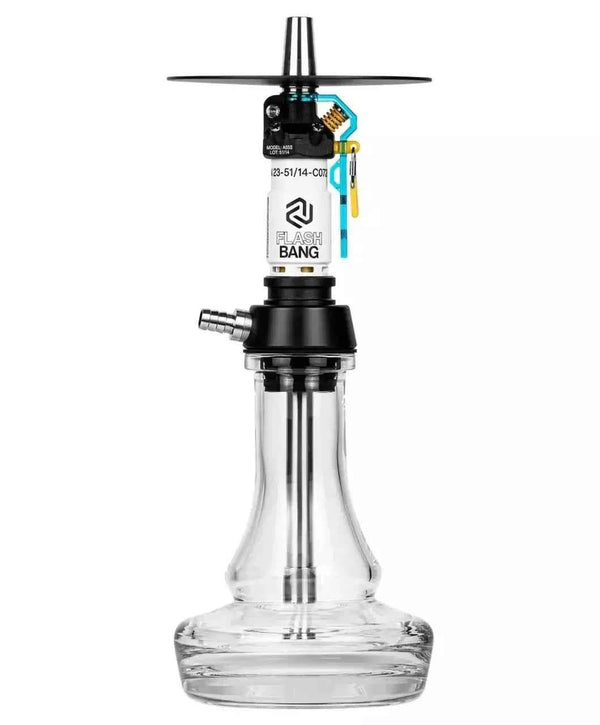 Modern glass hookah with metal stem, black tray, and clear base on white background