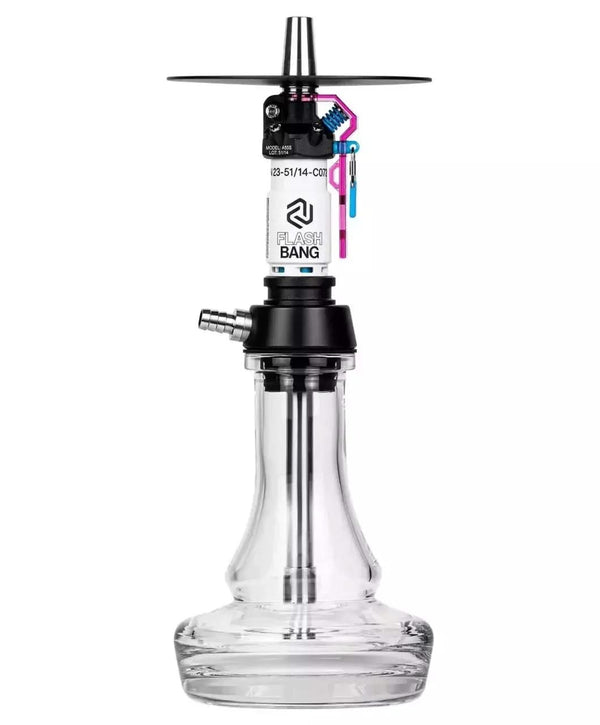 Modern glass hookah with black and orchid purple details, labeled Flash Bang, isolated on white