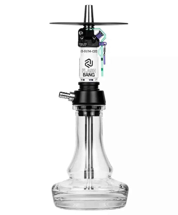 Modern clear glass hookah with black and teal metal stem, Flash Bang logo, isolated background