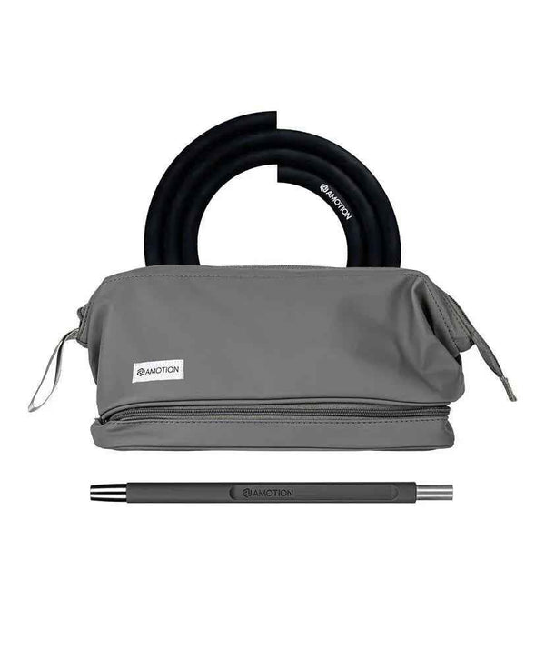 Shisha accessory kit with black silicone hose, grey carrying pouch, and mouthpiece