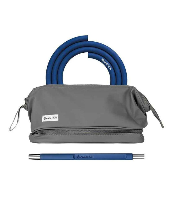 Blue silicone shisha hose, mouthpiece, and zippered gray travel pouch set.