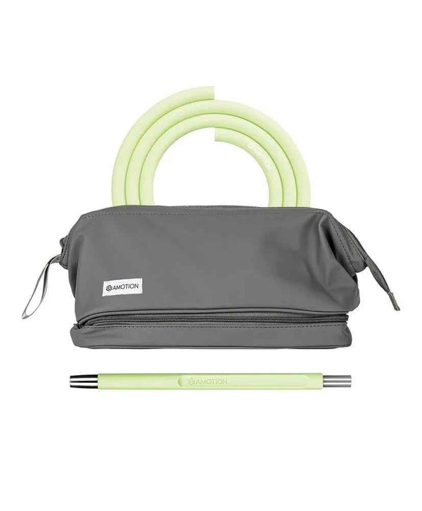 Lime green hookah hose and mouthpiece with a grey zippered carrying pouch.