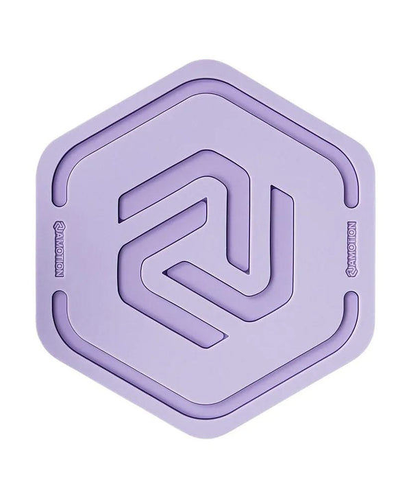 Hexagonal mauve silicone coaster with geometric pattern, designed for shisha accessories.