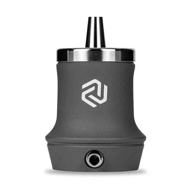 Modern compact shisha base with matte black finish and silver mouthpiece on white background