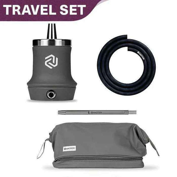 Compact travel hookah set with hose, mouthpiece, and gray carry bag