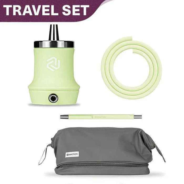 Compact lime green shisha travel set with hookah, hose, mouthpiece, and gray carrying pouch