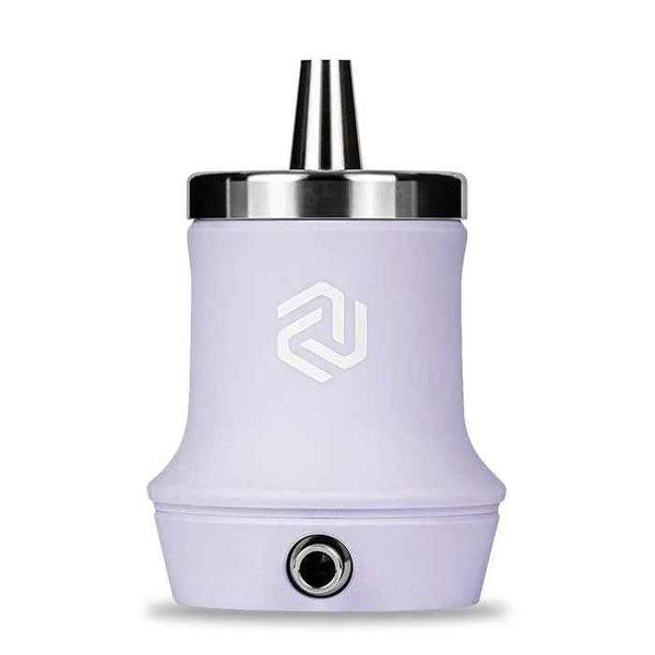 Mauve compact shisha base with stainless steel top and geometric logo, on white background