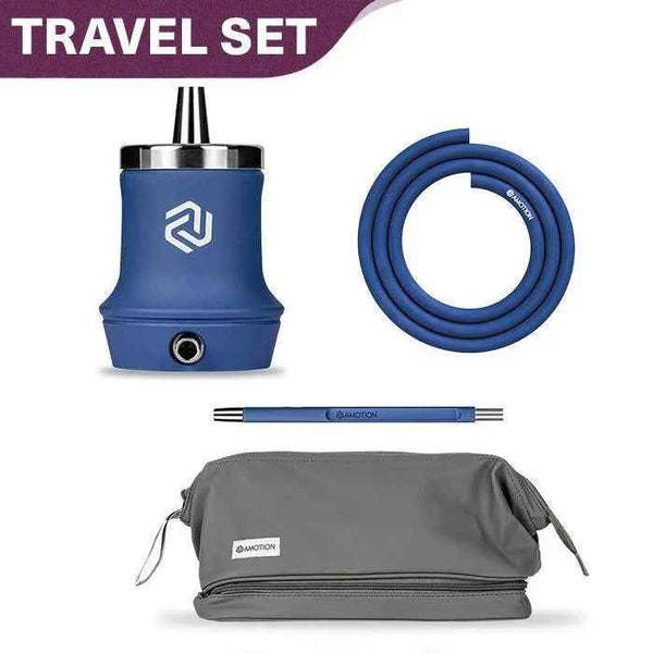 Cobalt blue portable shisha travel set with hose, mouthpiece, and grey carrying bag.