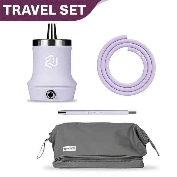 Mauve portable shisha travel set with compact hookah, silicone hose, mouthpiece, and grey carrying bag