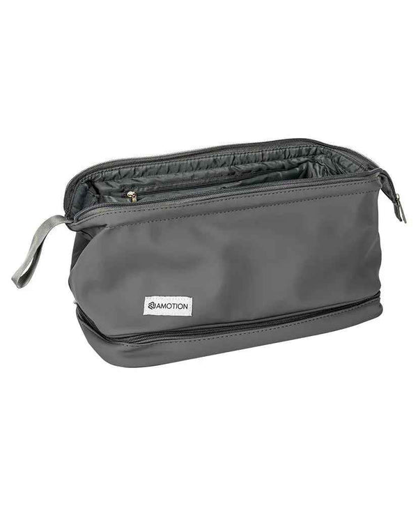 Grey travel bag with top zipper compartment and side handle, isolated on white background