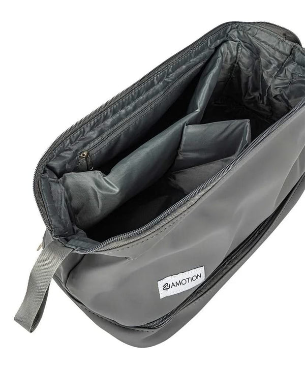 Open grey travel bag with padded dividers and zippered inner pocket, Amotion label visible