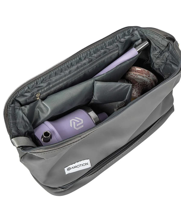 Travel bag with hookah accessories, including a purple hookah base, organized inside a padded case