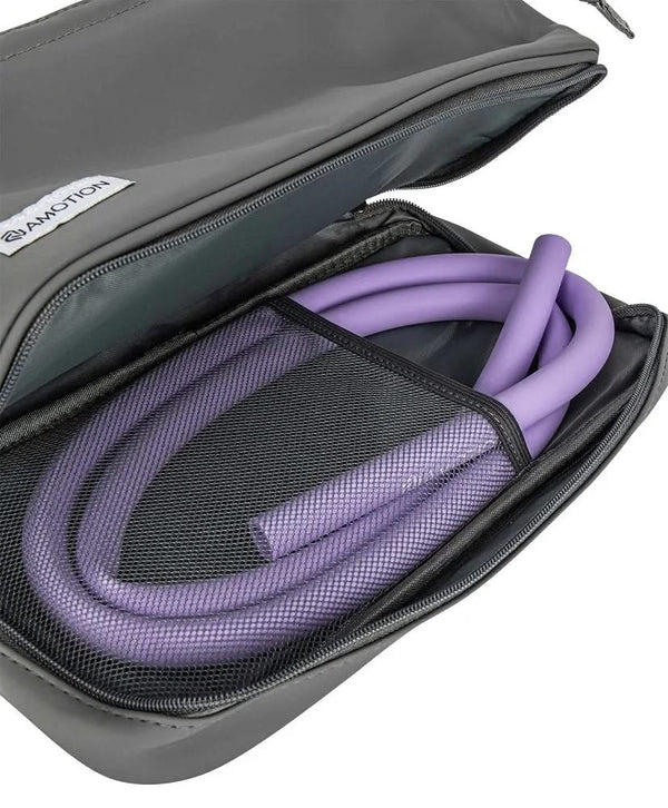 Open travel bag with mesh pocket holding a purple hookah hose, organized for shisha transport