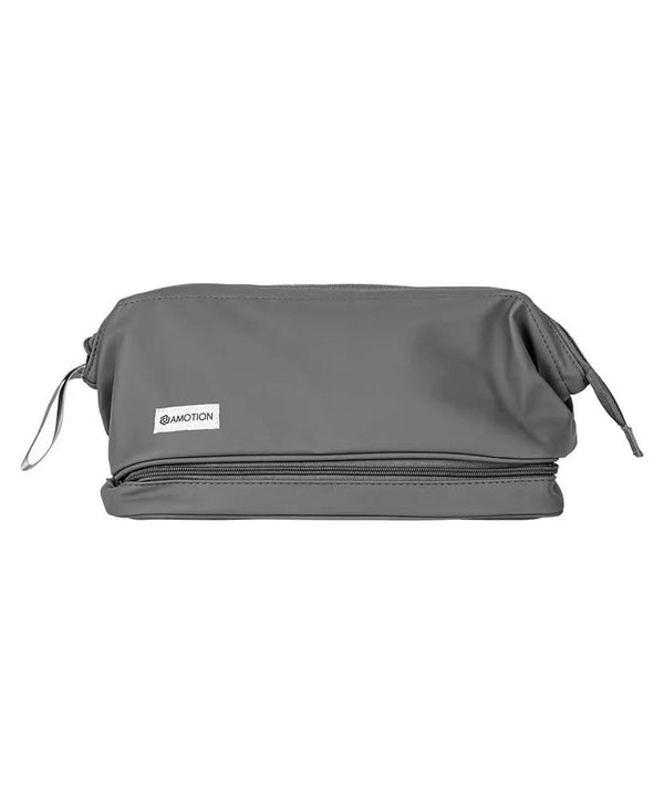 Grey travel bag with zipper compartments and side handles on white background