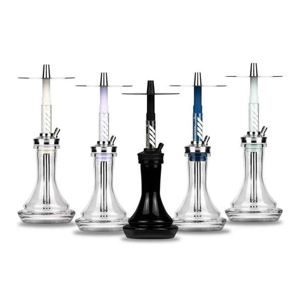 Modern hookahs with clear bases and colored stems in a row on a white background