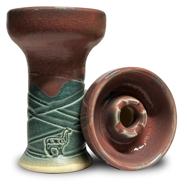 Ceramic hookah bowl with maroon and green glaze, alpaca design, and phunnel-style center