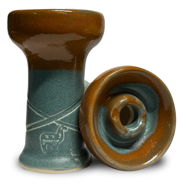 Ceramic hookah bowl with brown and blue glaze and engraved alpaca design