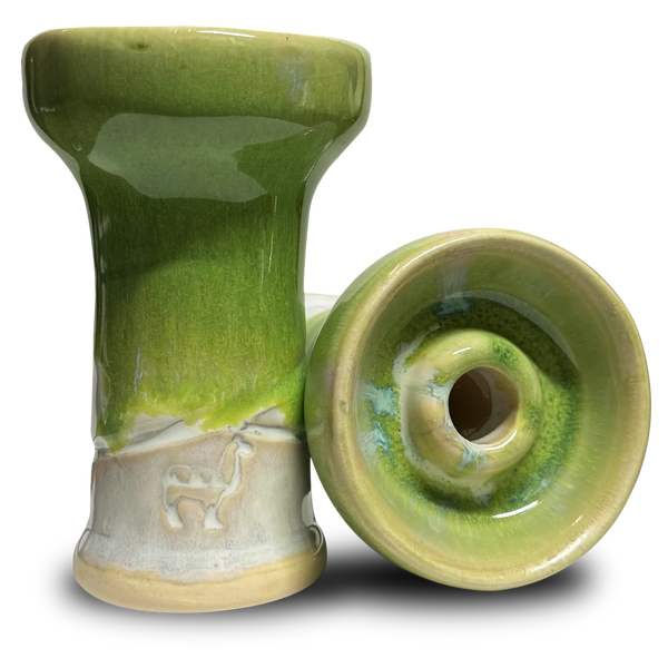 Glossy green ceramic hookah bowl with alpaca engraving, side and top view