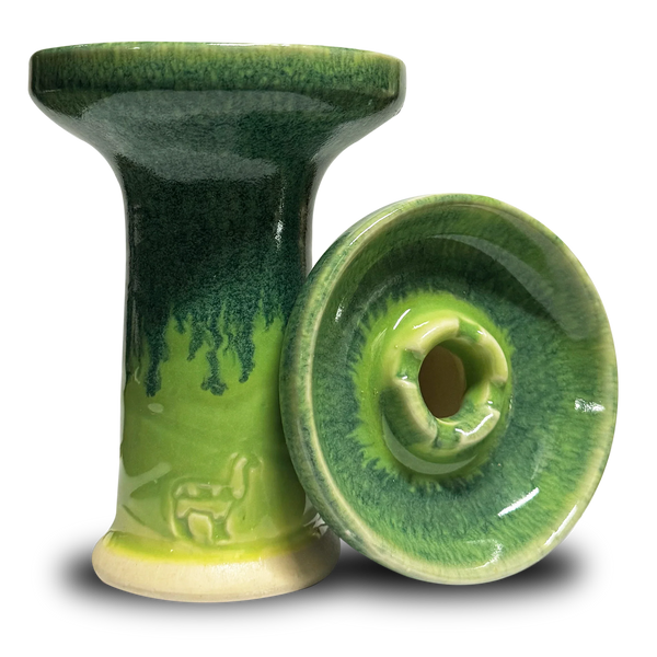 Green ceramic hookah bowl with alpaca design and glossy glazed finish