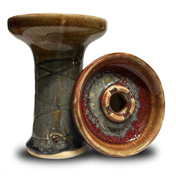 Ceramic hookah bowl with multicolor glaze, wide rim and central hole, on black background