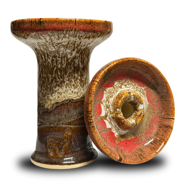 Ceramic hookah bowl with alpaca engraving, brown and red glazed finish