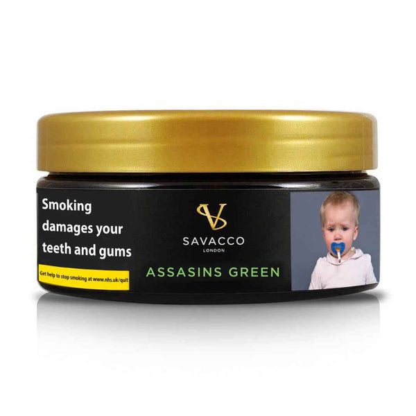 Savacco Assasins Green shisha tobacco tin with gold lid, health warning, and child image on label
