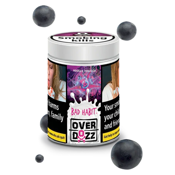 Overdozz Bad Habit hookah tobacco container with health warnings and floating blueberries
