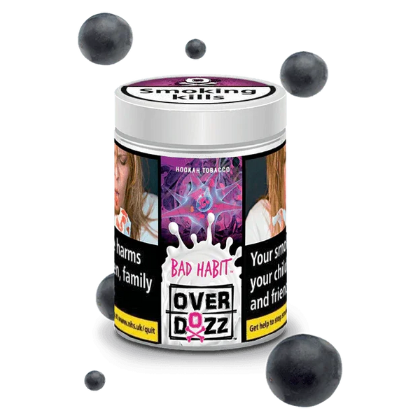 Hookah tobacco jar labeled Bad Habit, Overdozz flavor, surrounded by dark berries.