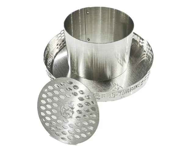 Stainless steel BBQ charcoal holder with removable perforated lid, isolated on white background.