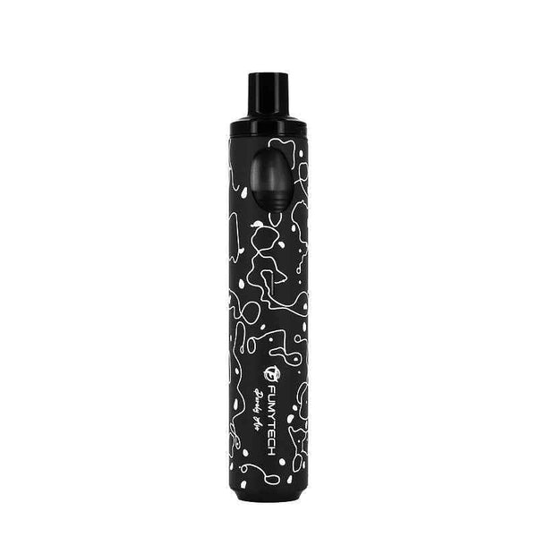 Black portable shisha pipe with abstract white pattern and mouthpiece on white background