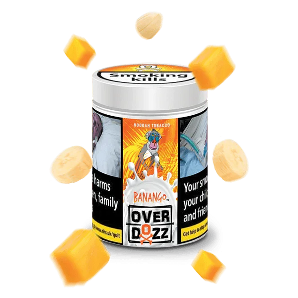 Overdozz Banango hookah tobacco container with floating banana and mango pieces