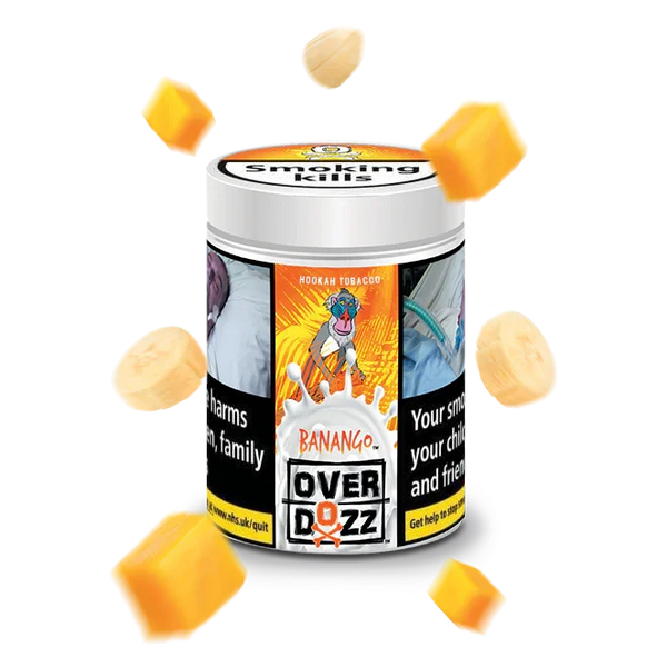 Banango Overdozz hookah tobacco tin with banana and mango pieces floating around