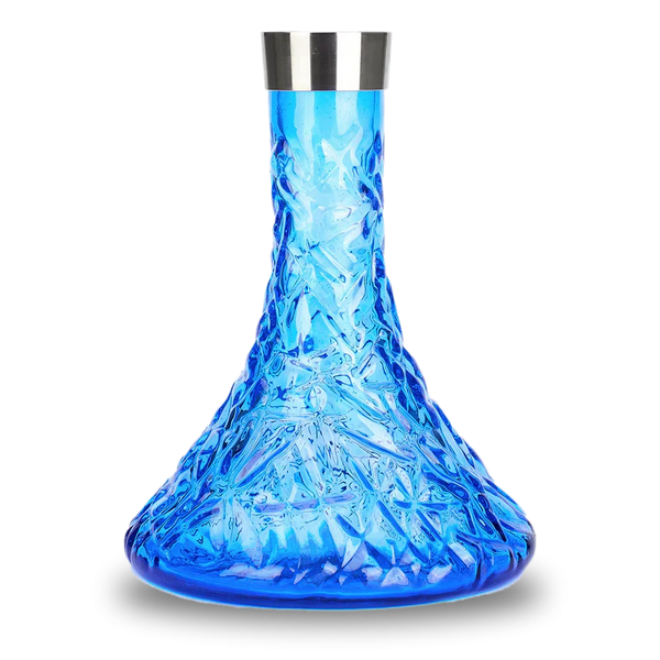 Textured blue glass hookah base with silver rim on white background