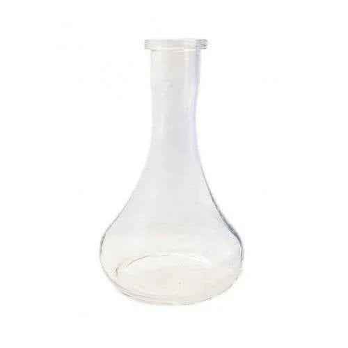Clear glass hookah base with wide bottom and narrow neck on white background