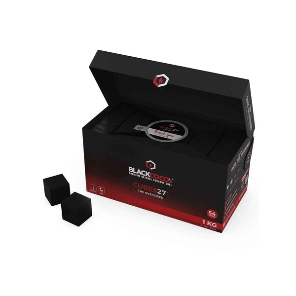 Box of Black Cocos 27mm shisha charcoal cubes with two black charcoal pieces visible