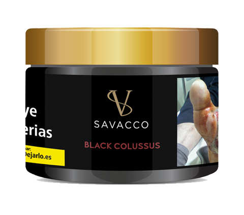 Savacco Black Colussus shisha tobacco jar with gold lid and black label