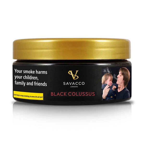 Savacco Black Colussus shisha tobacco tin with health warning and image of adult and child
