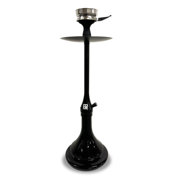 sleek black shisha pipe with a modern design and metallic bowl on a plain background