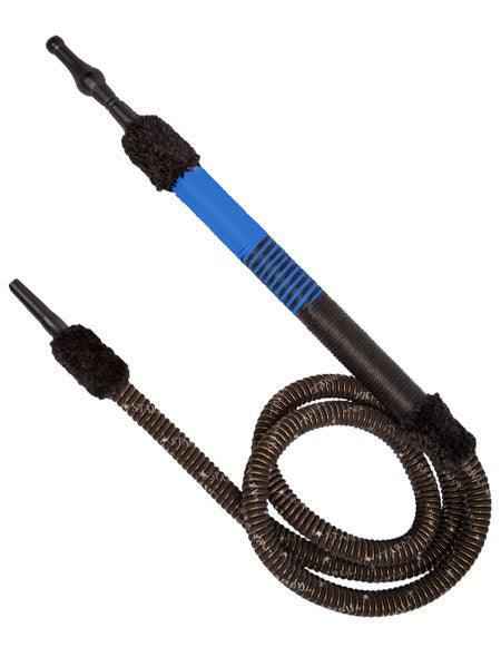 Black and blue hookah hose with flexible coiled design on a white background