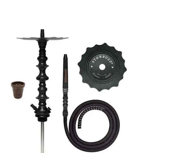 Black shisha pipe with silver stripe, hose, bowl, and Starbuzz tray on white background