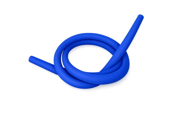 Blue silicone shisha hose coiled on a neutral background, hookah accessory